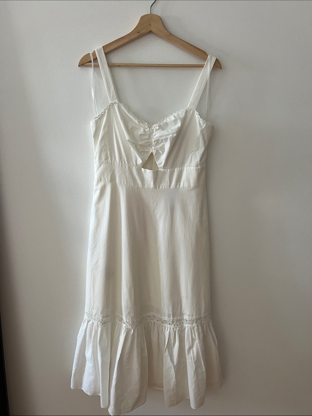 BCBGMaxAzria Cream Midi Dress with Ruffle Hem and Lace Detail